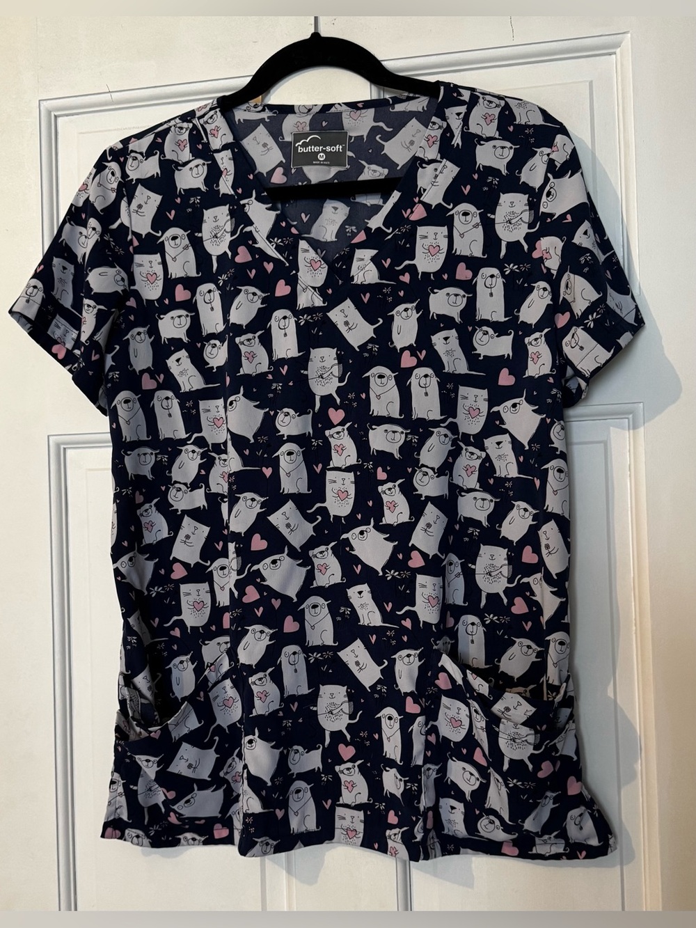 Butter-Soft Navy Scrub Top with Cat and Dog Heart Print